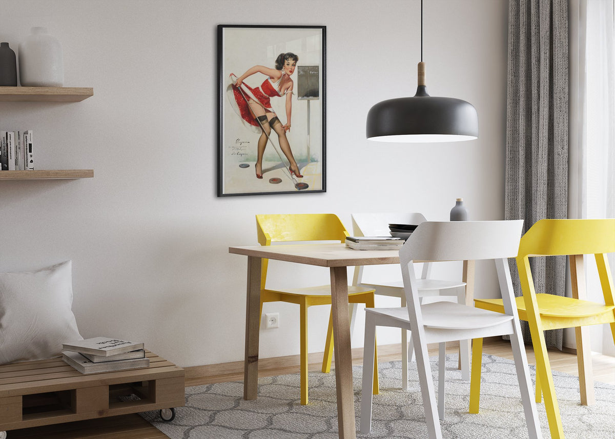 Aiming to Please by Gil Elvgren, pin-up poster — dining room