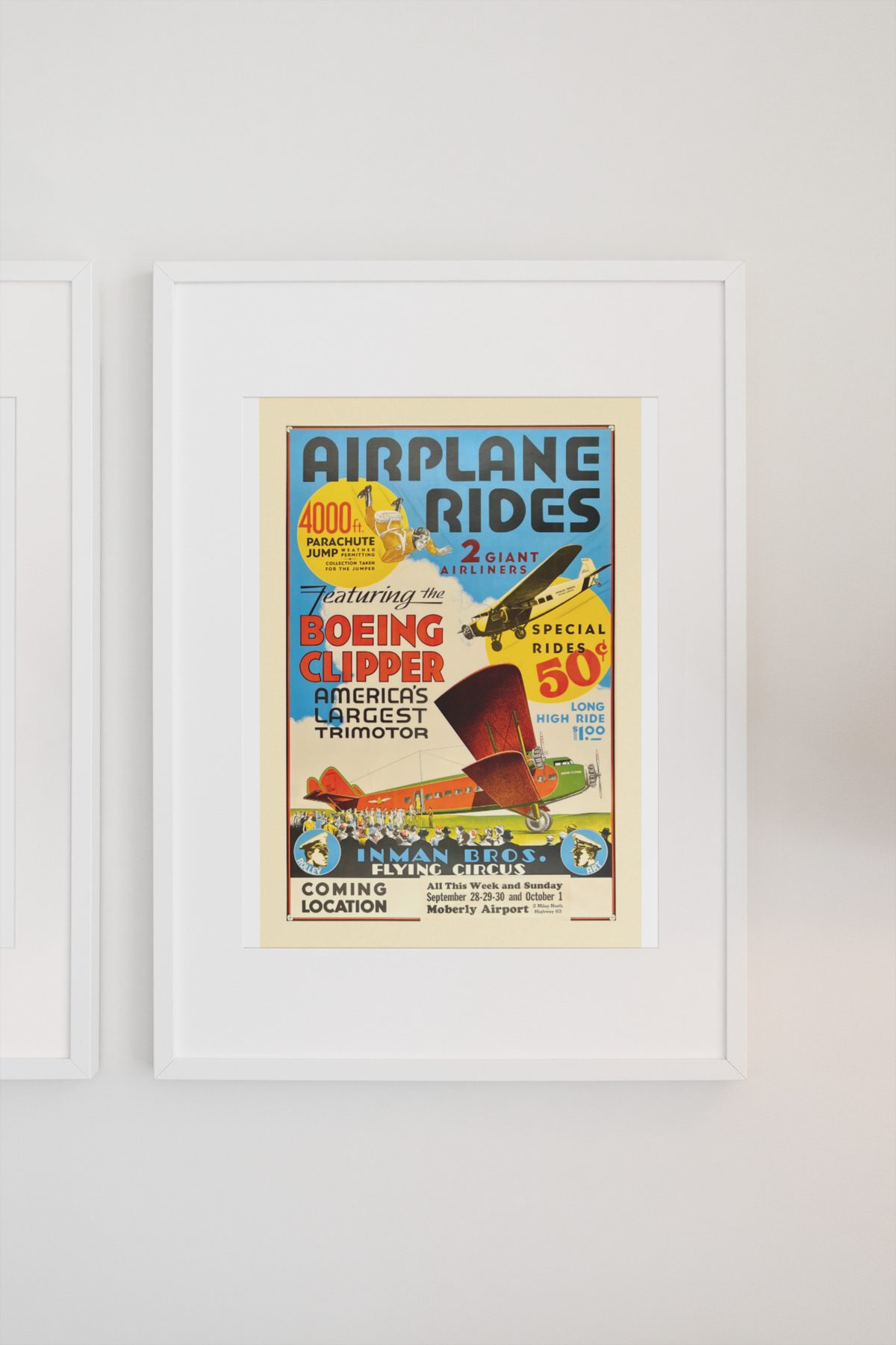 Airplane Rides Barnstorming poster on a light wall