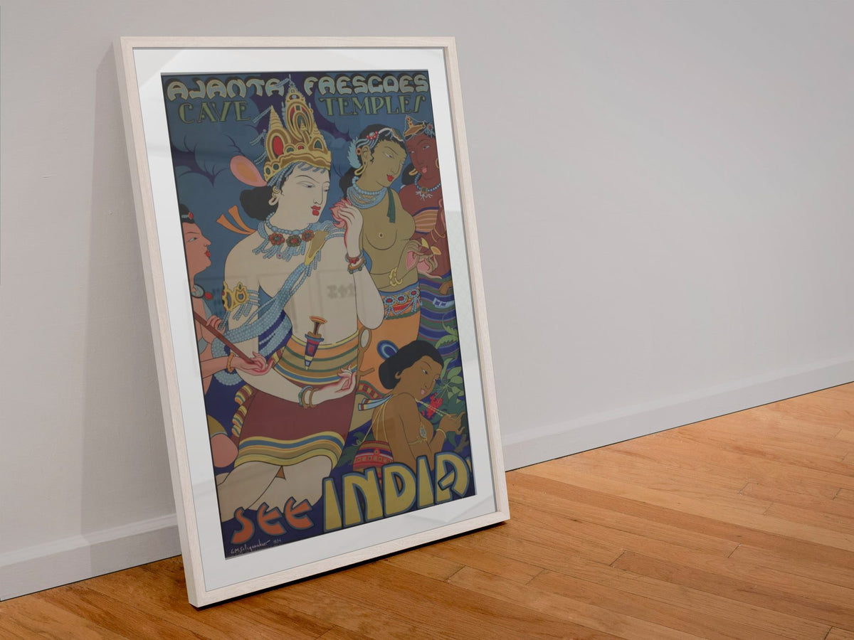 Ajanta Frescoes See India poster in a white frame leaning against a wall