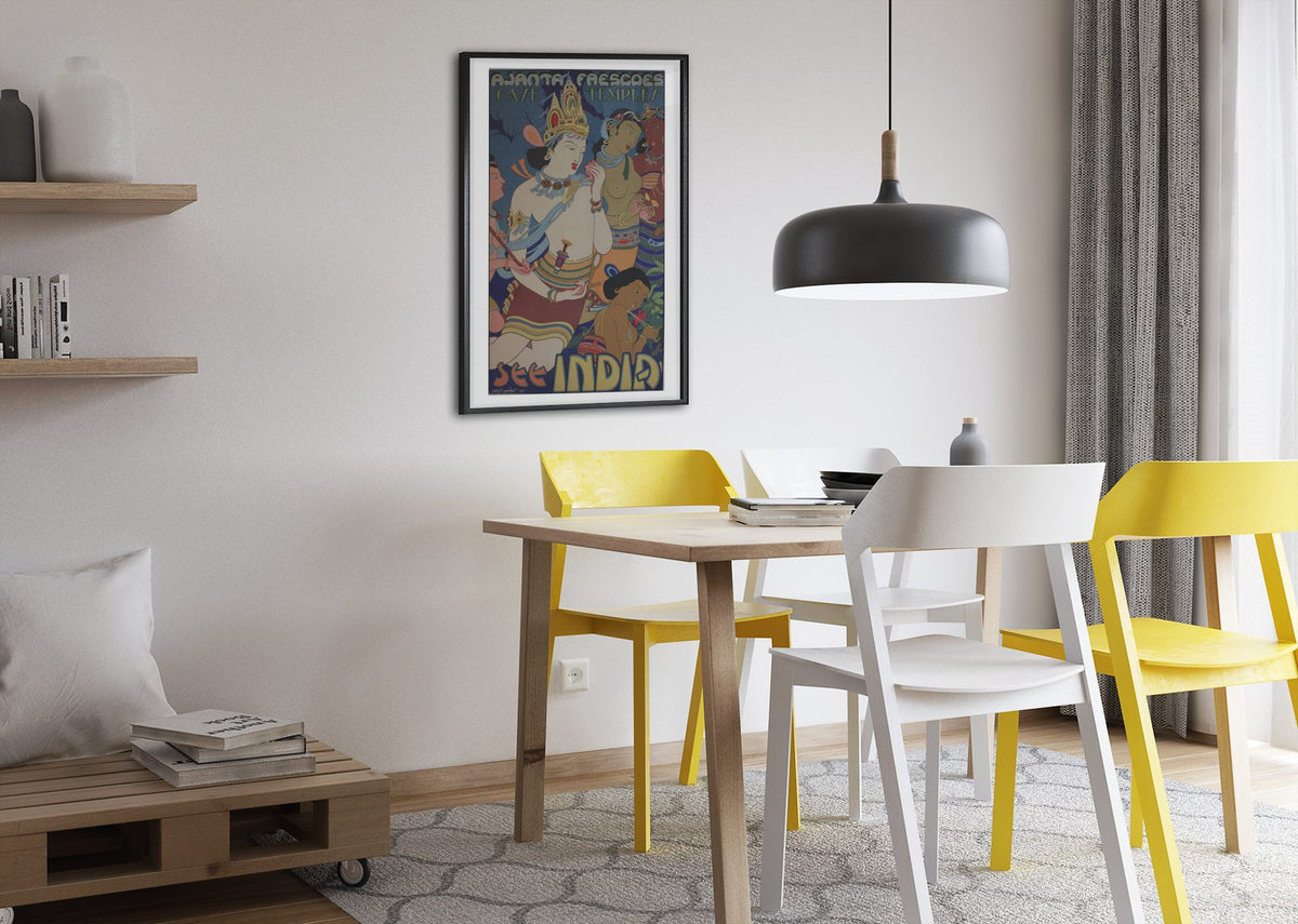 Ajanta Frescoes See India poster framed above a dining table