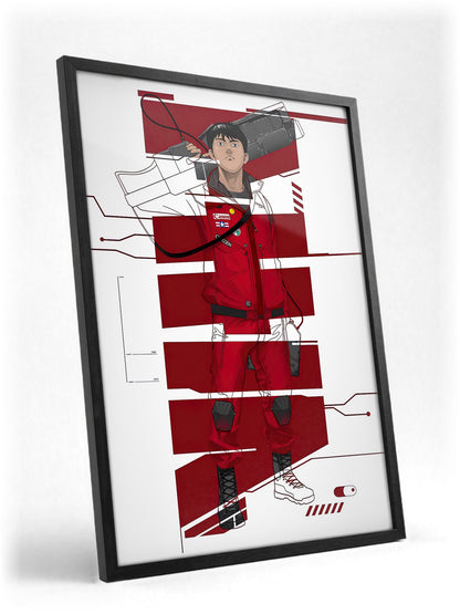 Akira (1988) Movie Kaneda Red Jacket Art poster in a black frame with glass leaning against a wall