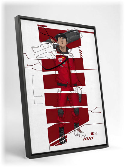 Akira (1988) Movie Kaneda Red Jacket Art as a black floater framed canvas leaning against a wall
