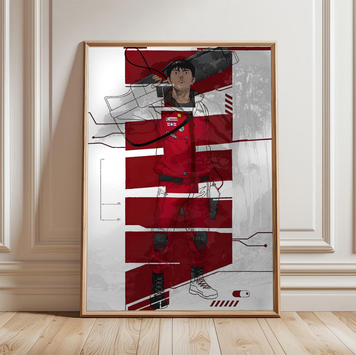 Akira (1988) Movie Kaneda Red Jacket Art poster in a light oak frame leaning against a white wall