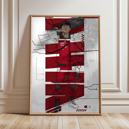 Akira (1988) Movie Kaneda Red Jacket Art poster in a light oak frame leaning against a white wall