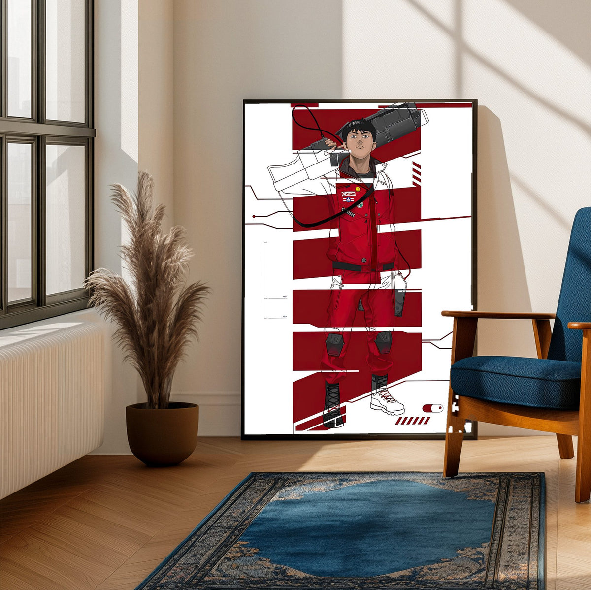 Akira (1988) Movie Kaneda Red Jacket Art poster framed beside a blue armchair in a sunlit room