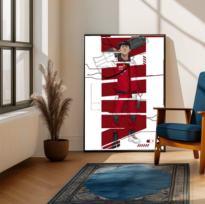 Akira (1988) Movie Kaneda Red Jacket Art poster framed beside a blue armchair in a sunlit room