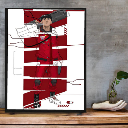 Akira (1988) Movie Kaneda Red Jacket Art poster in a black frame on a wooden shelf against concrete