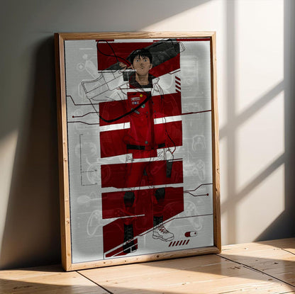Akira (1988) Movie Kaneda Red Jacket Art poster in an oak frame leaning on a wooden floor