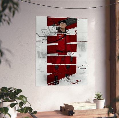 Akira (1988) Movie Kaneda Red Jacket Art poster unframed on a white wall above a desk