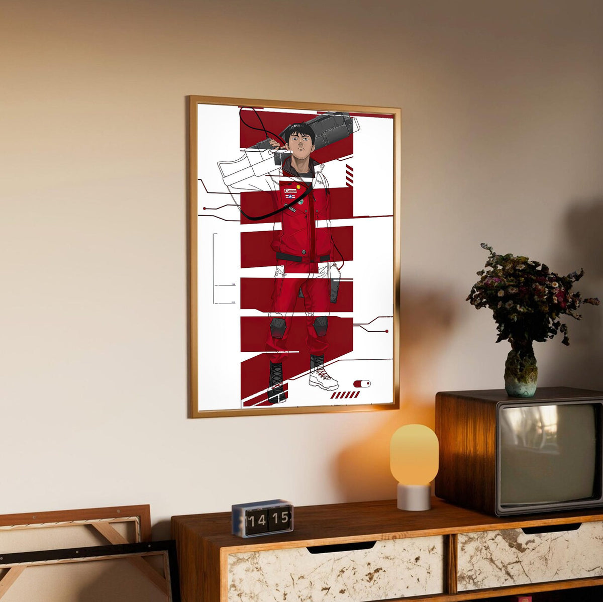 Akira (1988) Movie Kaneda Red Jacket Art poster in an oak frame above a sideboard