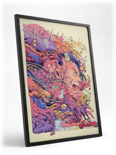 Akira (1988) Movie Logo Collage Art poster in a black frame with glass leaning against a wall