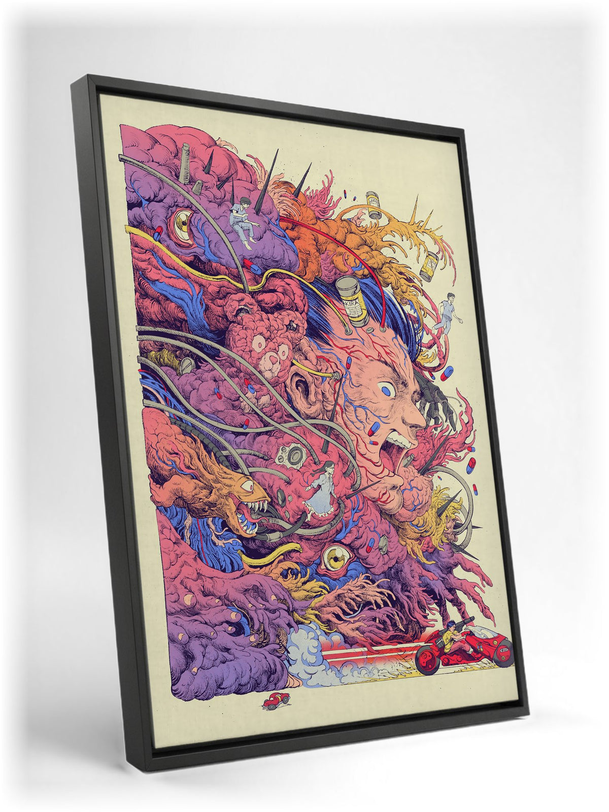 Akira (1988) Movie Logo Collage Art as a black floater framed canvas leaning against a wall