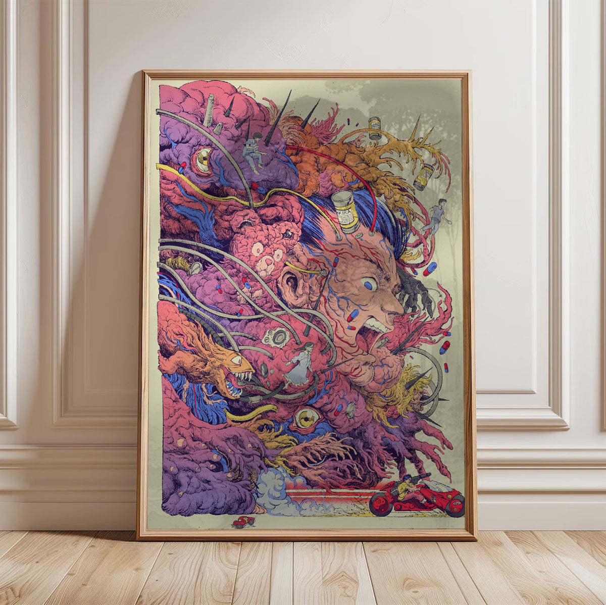 Akira (1988) Movie Logo Collage Art poster in a light oak frame leaning against a white wall