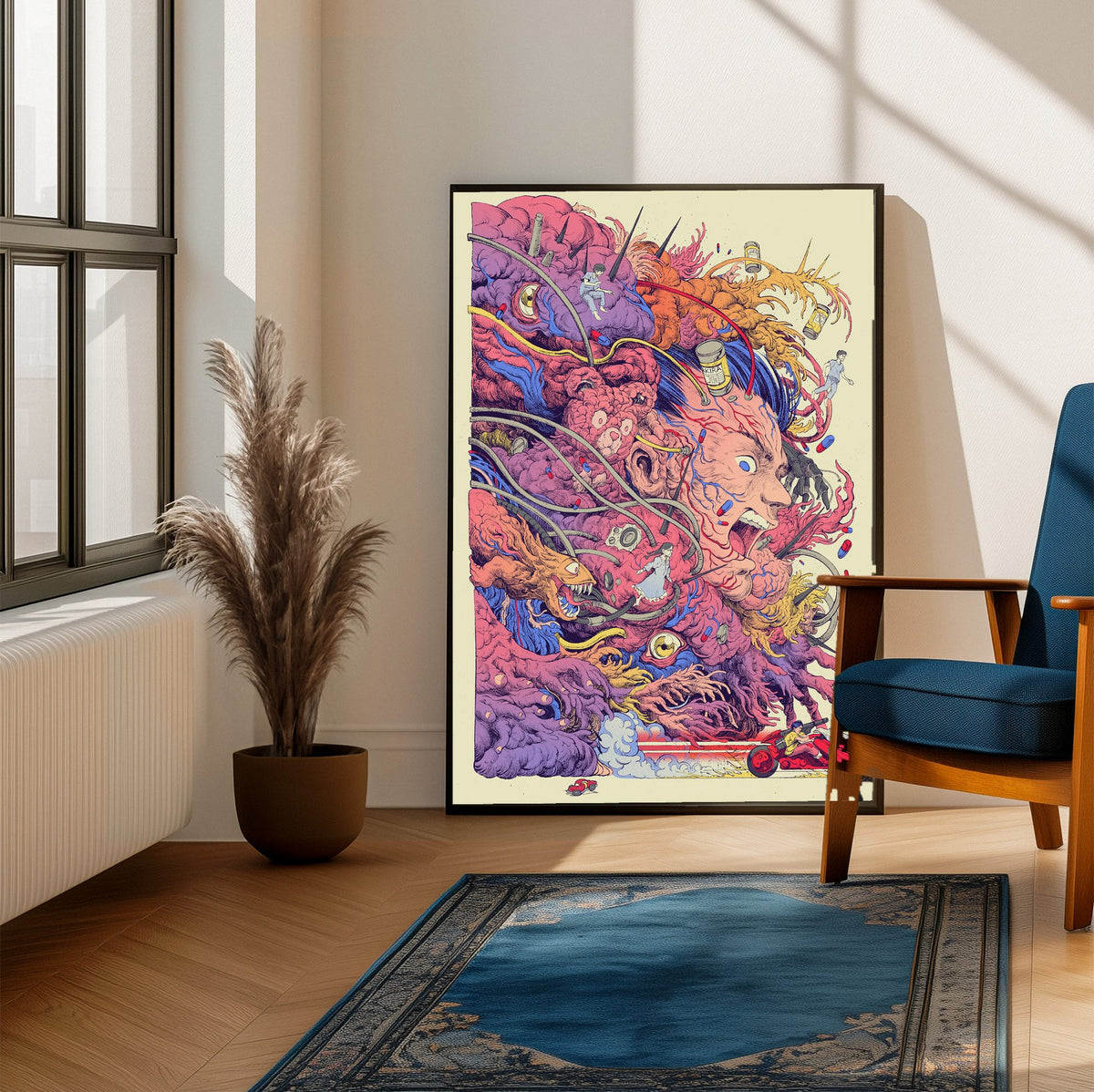 Akira (1988) Movie Logo Collage Art poster framed beside a blue armchair in a sunlit room