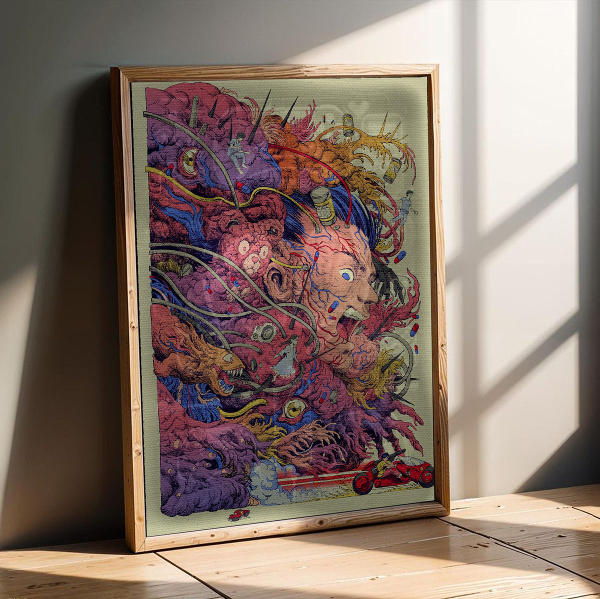 Akira (1988) Movie Logo Collage Art poster in an oak frame leaning on a wooden floor