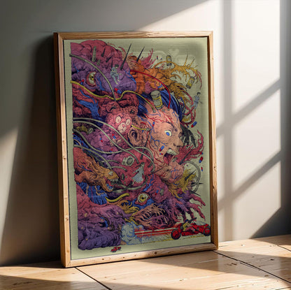 Akira (1988) Movie Logo Collage Art poster in an oak frame leaning on a wooden floor
