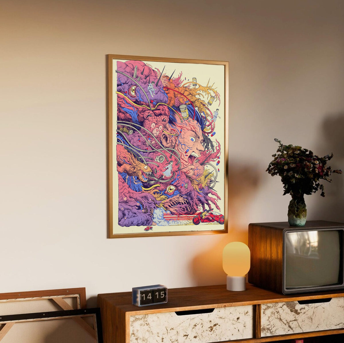 Akira (1988) Movie Logo Collage Art poster in an oak frame above a sideboard