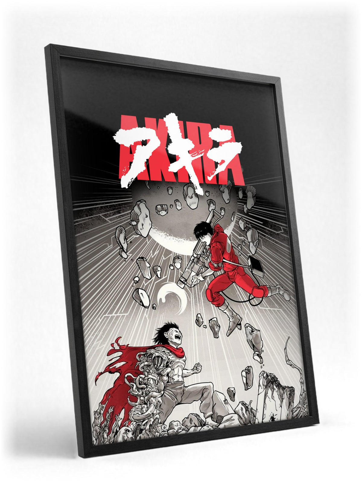 Akira (1988) Movie Psychedelic Illustrated Art poster in a black frame with glass leaning against a wall