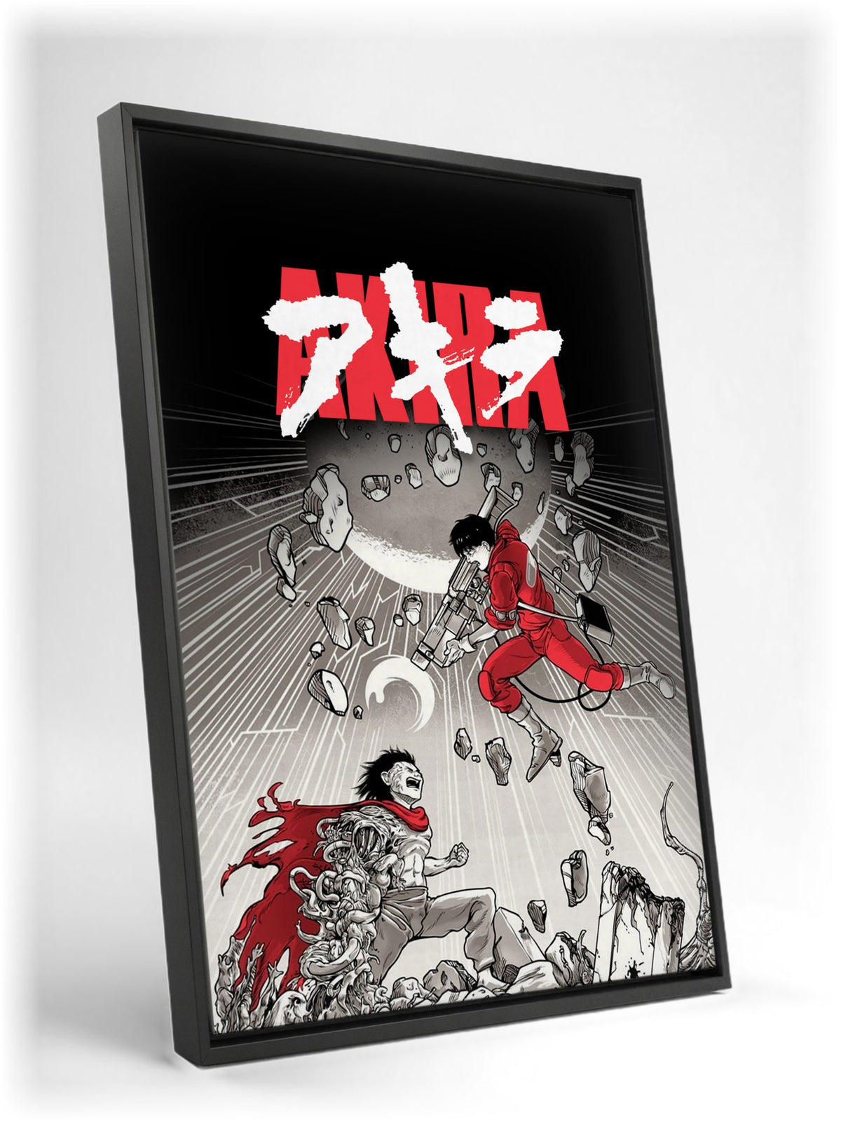 Akira (1988) Movie Psychedelic Illustrated Art as a black floater framed canvas leaning against a wall