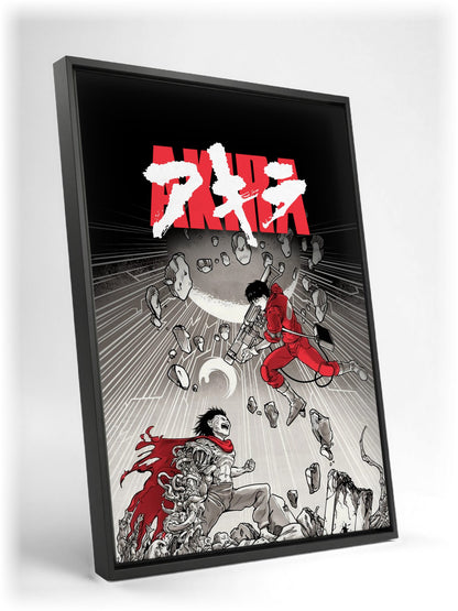 Akira (1988) Movie Psychedelic Illustrated Art as a black floater framed canvas leaning against a wall