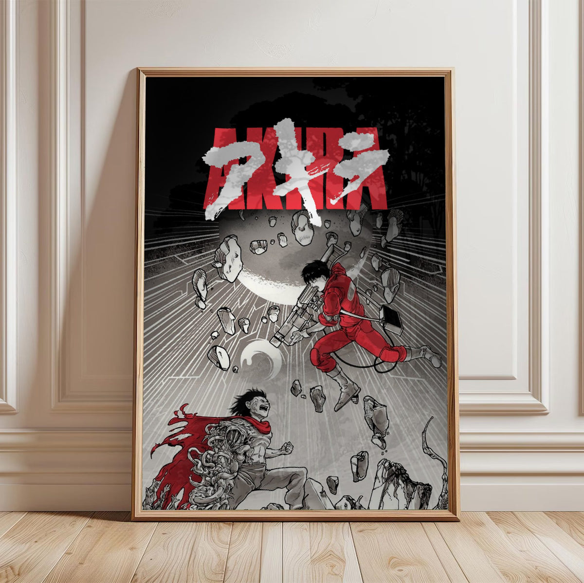 Akira (1988) Movie Psychedelic Illustrated Art poster in a light oak frame leaning against a white wall