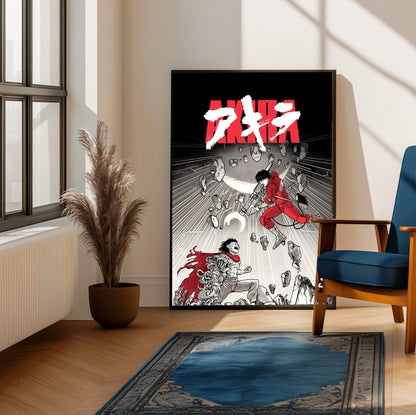Akira (1988) Movie Psychedelic Illustrated Art poster framed beside a blue armchair in a sunlit room