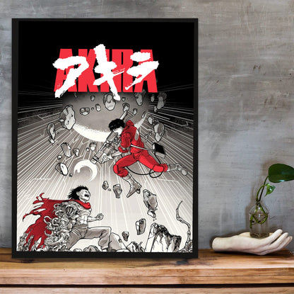 Akira (1988) Movie Psychedelic Illustrated Art poster in a black frame on a wooden shelf against concrete