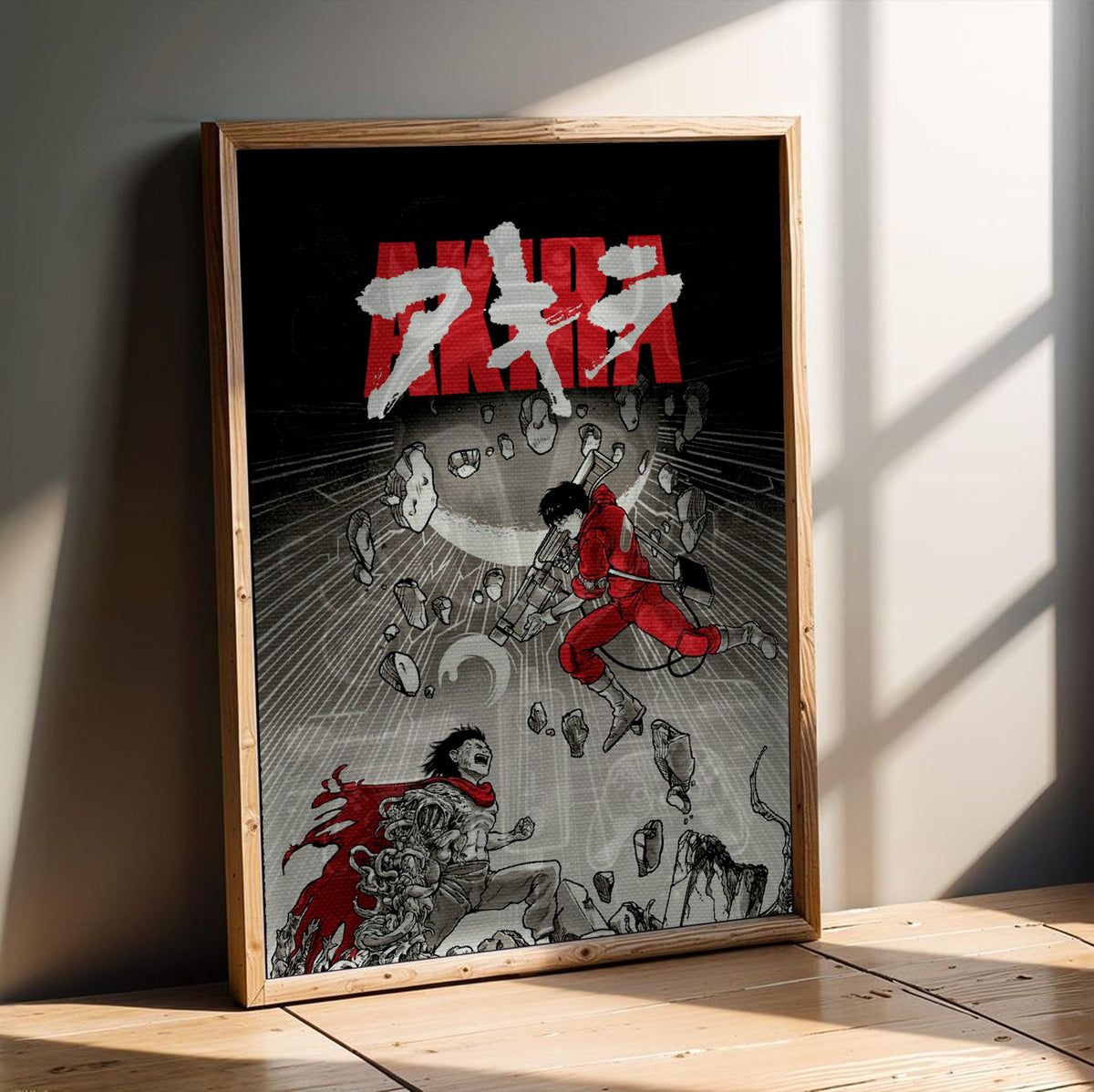Akira (1988) Movie Psychedelic Illustrated Art poster in an oak frame leaning on a wooden floor