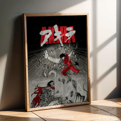 Akira (1988) Movie Psychedelic Illustrated Art poster in an oak frame leaning on a wooden floor