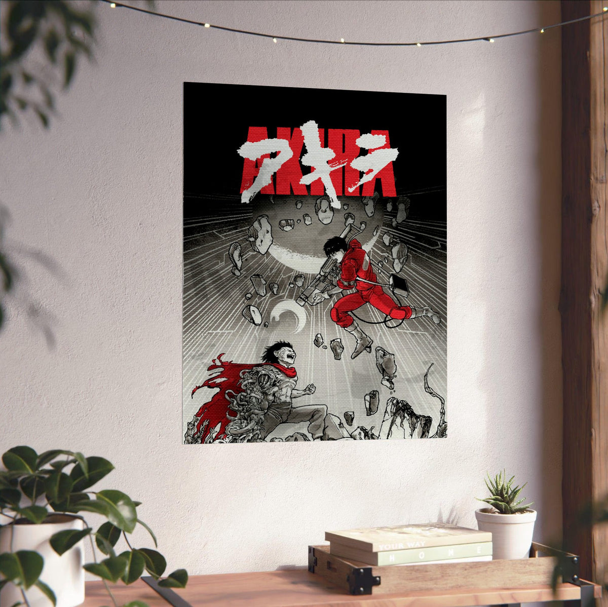 Akira (1988) Movie Psychedelic Illustrated Art poster unframed on a white wall above a desk