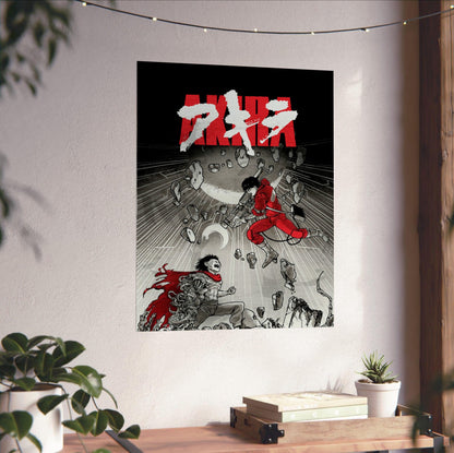 Akira (1988) Movie Psychedelic Illustrated Art poster unframed on a white wall above a desk