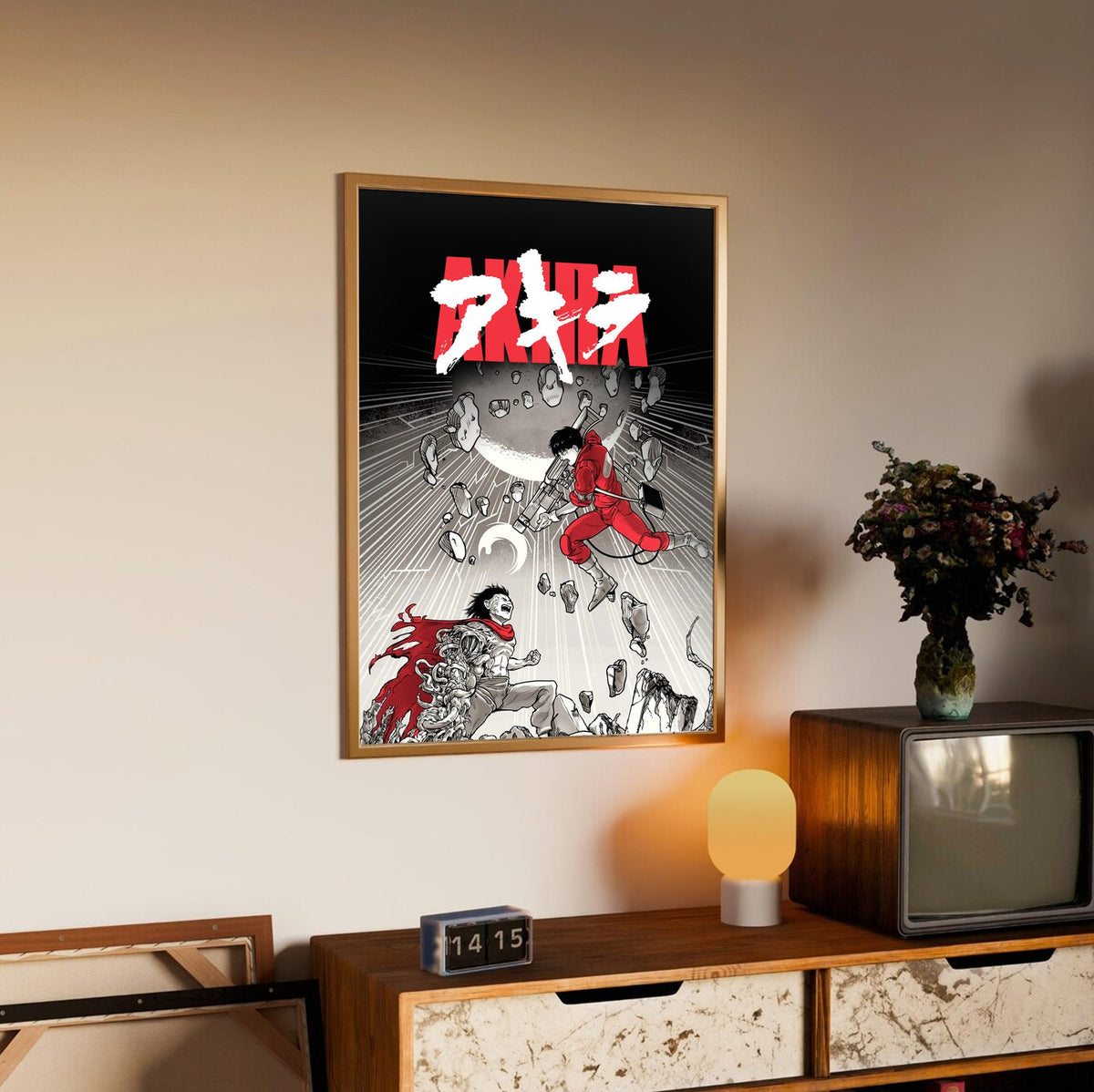 Akira (1988) Movie Psychedelic Illustrated Art poster in an oak frame above a sideboard