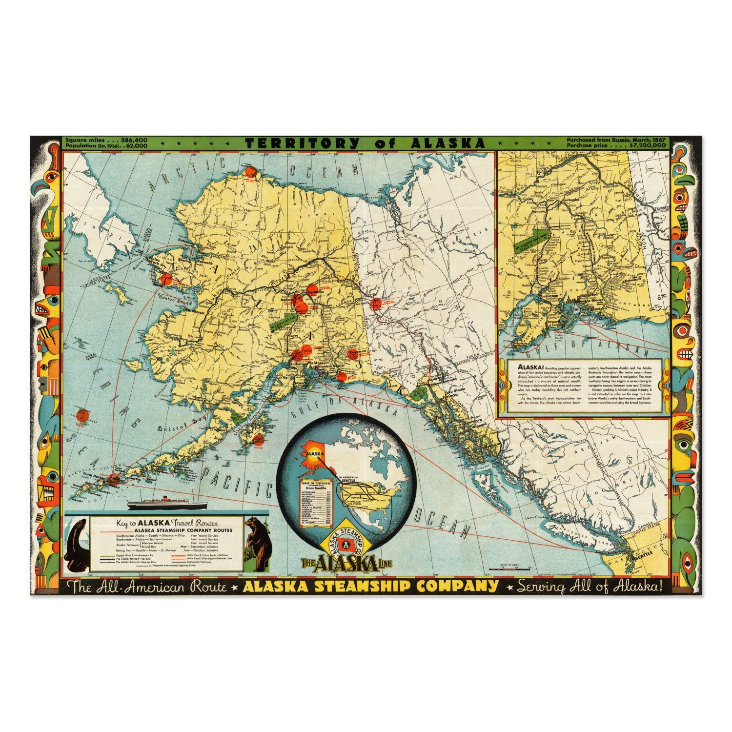 Alaska Steamship Company 1930s Map vintage print