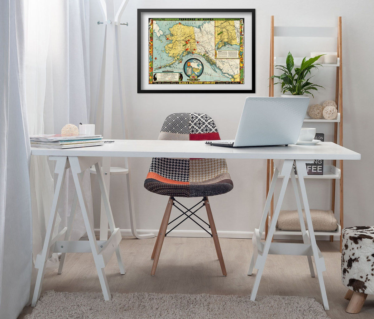 Alaska Steamship Company 1930s Map print framed above a white desk in a home office