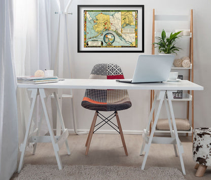 Alaska Steamship Company 1930s Map print framed above a white desk in a home office