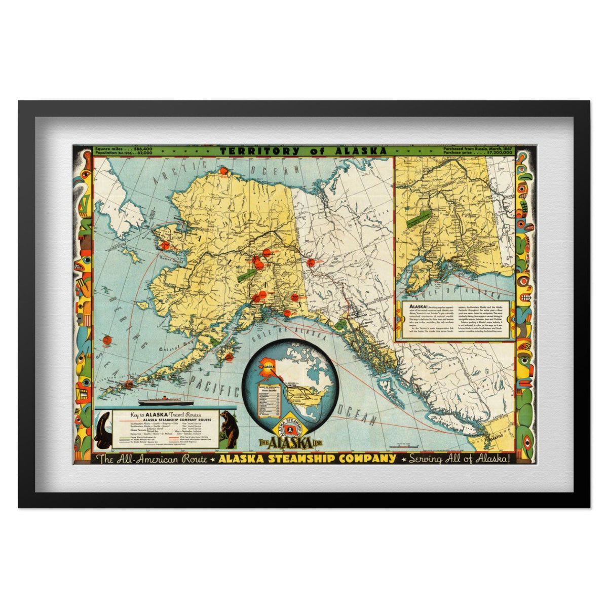 Alaska Steamship Company 1930s Map print in a black frame with a white mat