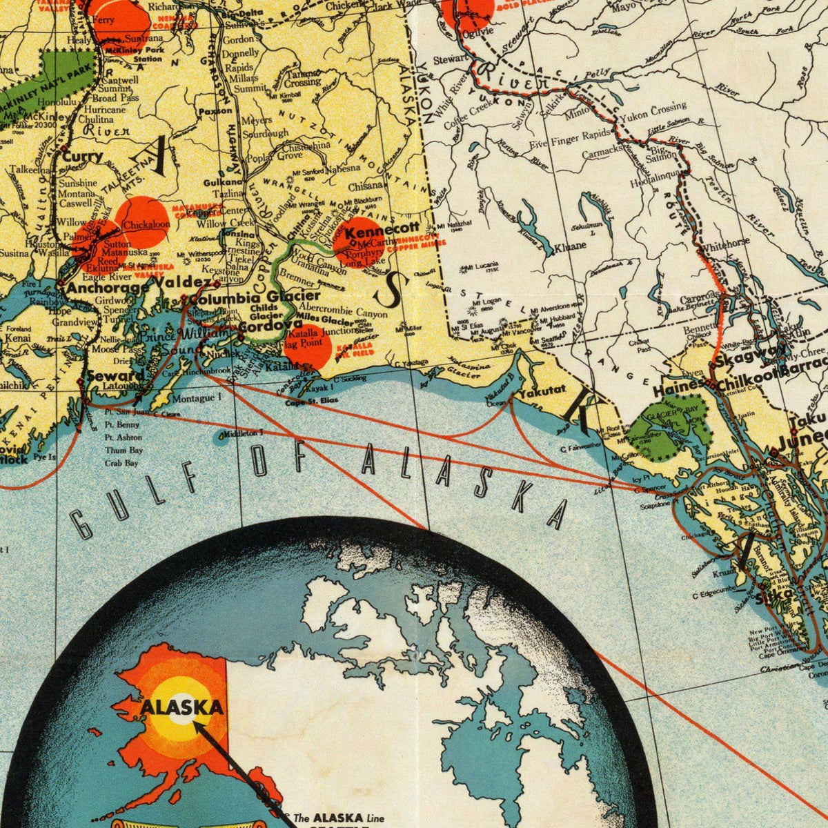 Close-up detail of the Alaska Steamship Company 1930s Map