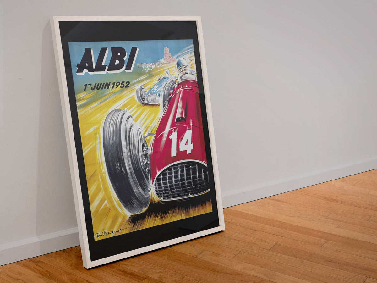 Albi Grand Prix 1952 poster in a white frame leaning against a wall