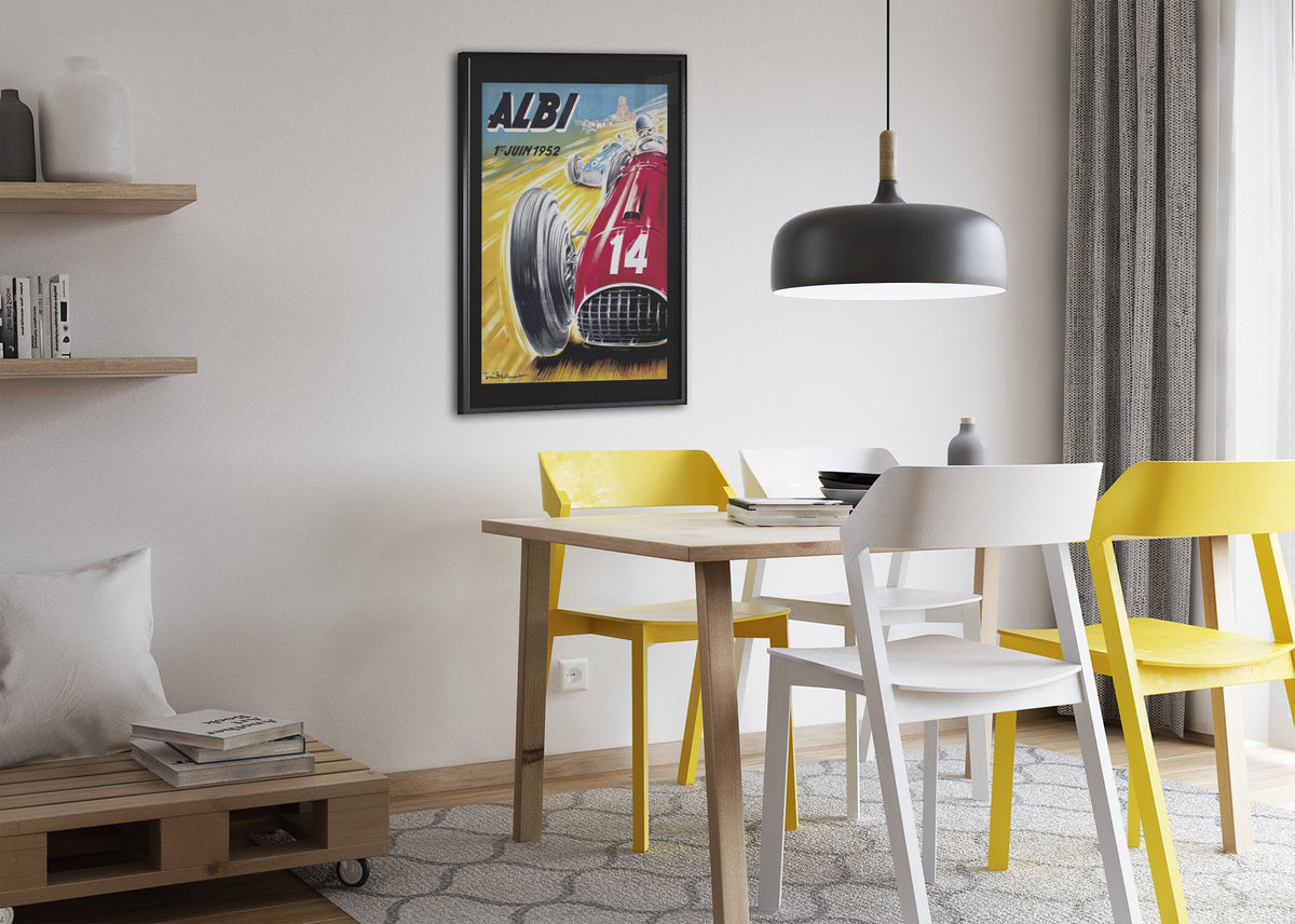 Albi Grand Prix 1952 poster framed above a dining table
