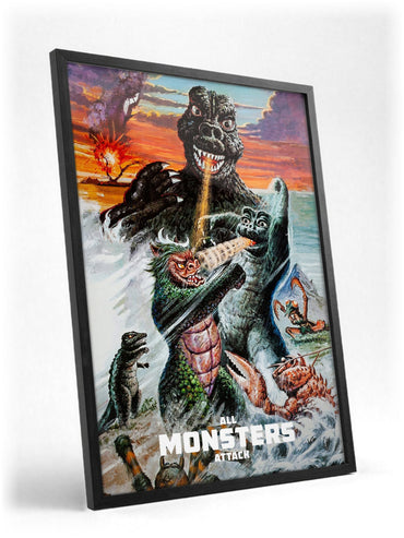 All Monsters Attack (1969) Movie Illustrated Art poster in a black frame with glass leaning against a wall