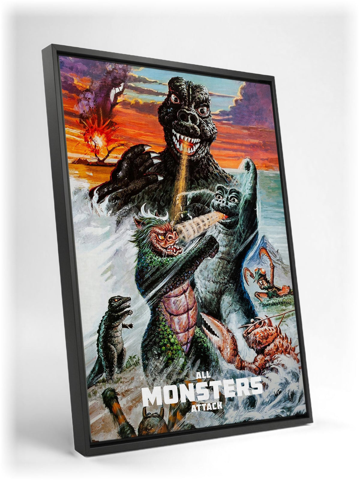 All Monsters Attack (1969) Movie Illustrated Art as a black floater framed canvas leaning against a wall