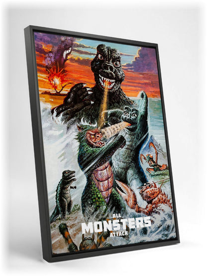 All Monsters Attack (1969) Movie Illustrated Art as a black floater framed canvas leaning against a wall