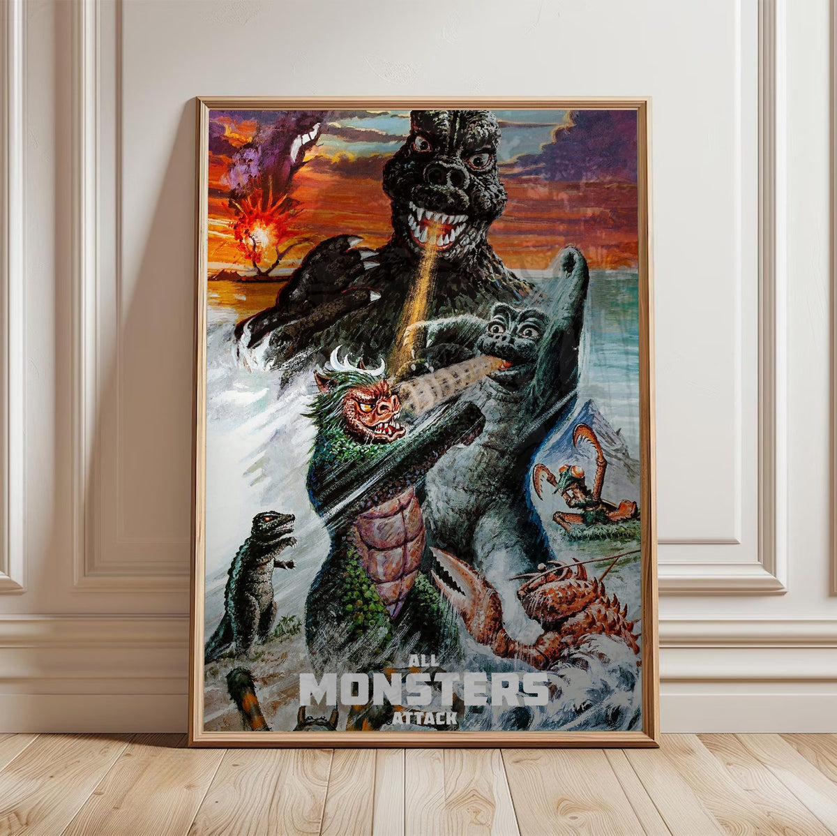 All Monsters Attack (1969) Movie Illustrated Art poster in a light oak frame leaning against a white wall