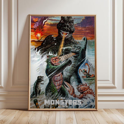 All Monsters Attack (1969) Movie Illustrated Art poster in a light oak frame leaning against a white wall