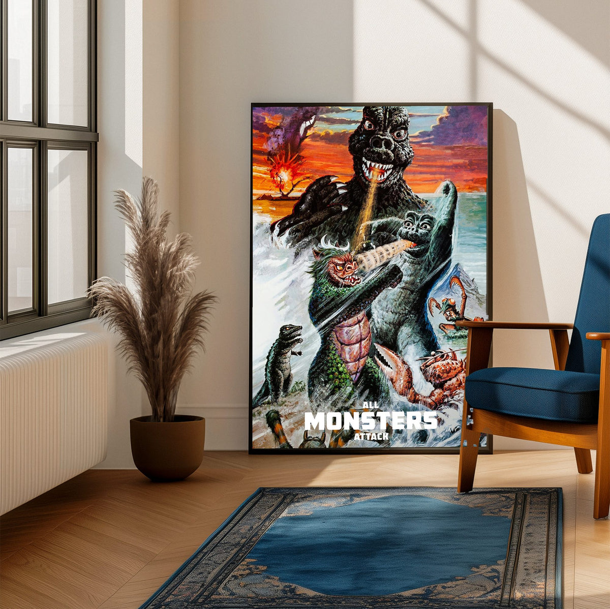 All Monsters Attack (1969) Movie Illustrated Art poster framed beside a blue armchair in a sunlit room