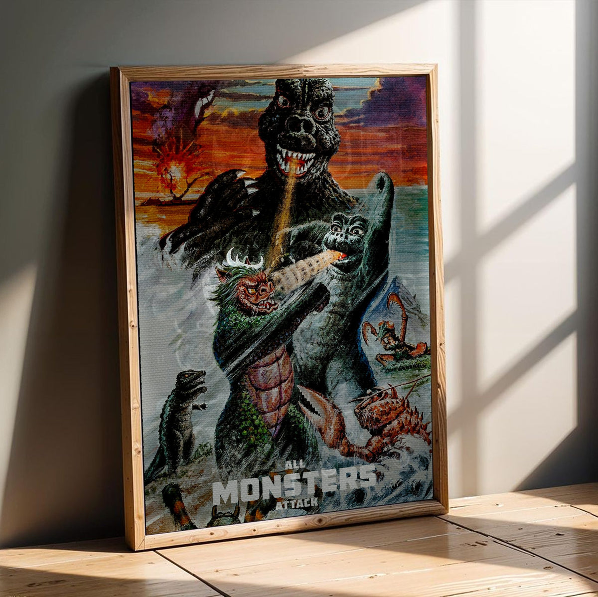 All Monsters Attack (1969) Movie Illustrated Art poster in an oak frame leaning on a wooden floor