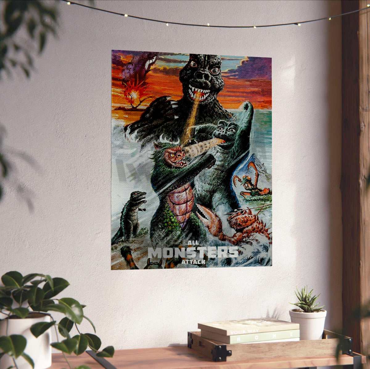 All Monsters Attack (1969) Movie Illustrated Art poster unframed on a white wall above a desk