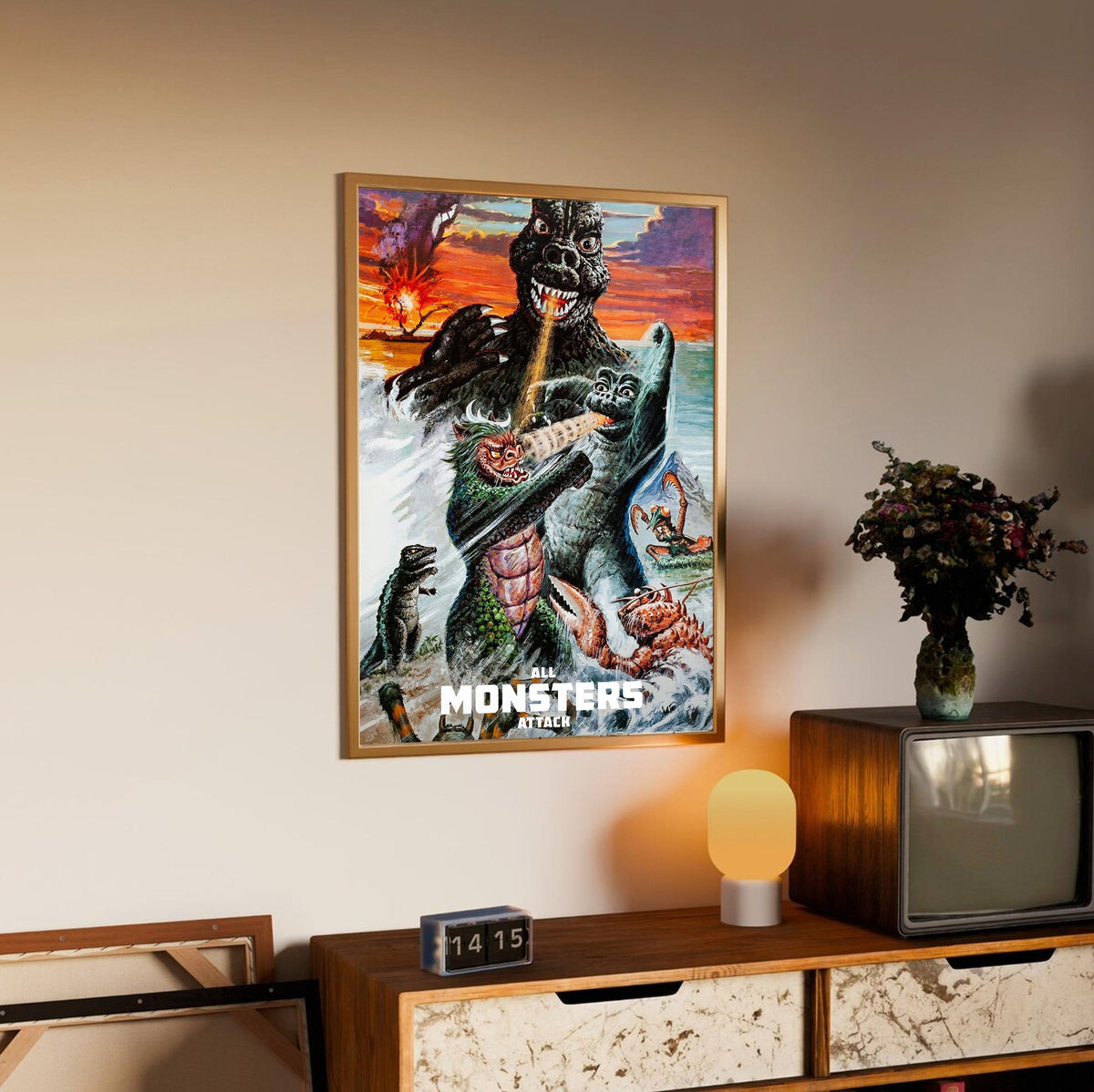 All Monsters Attack (1969) Movie Illustrated Art poster in an oak frame above a sideboard