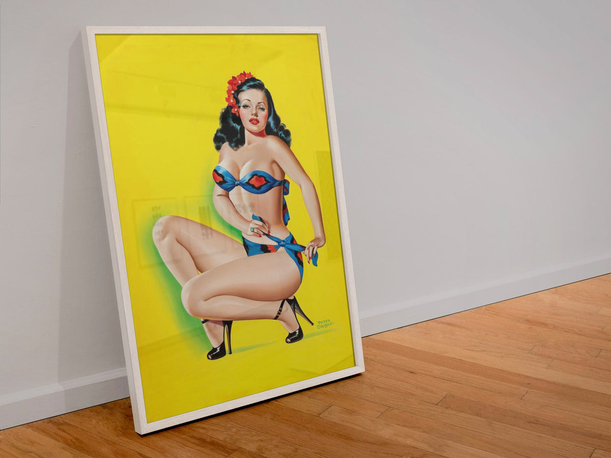 Aloha Blue Bikini poster in a white frame leaning against a wall