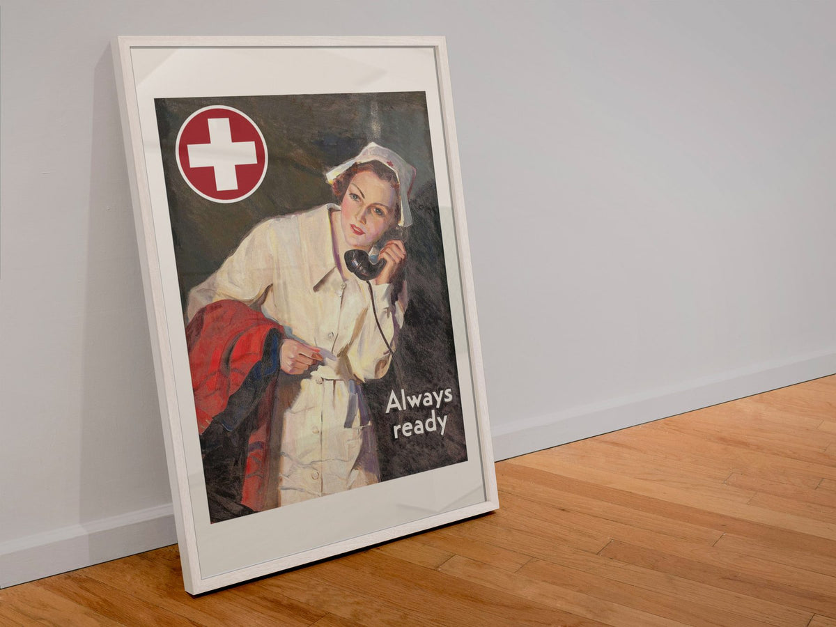 Always Ready Red Cross Nurse poster in a white frame leaning against a wall